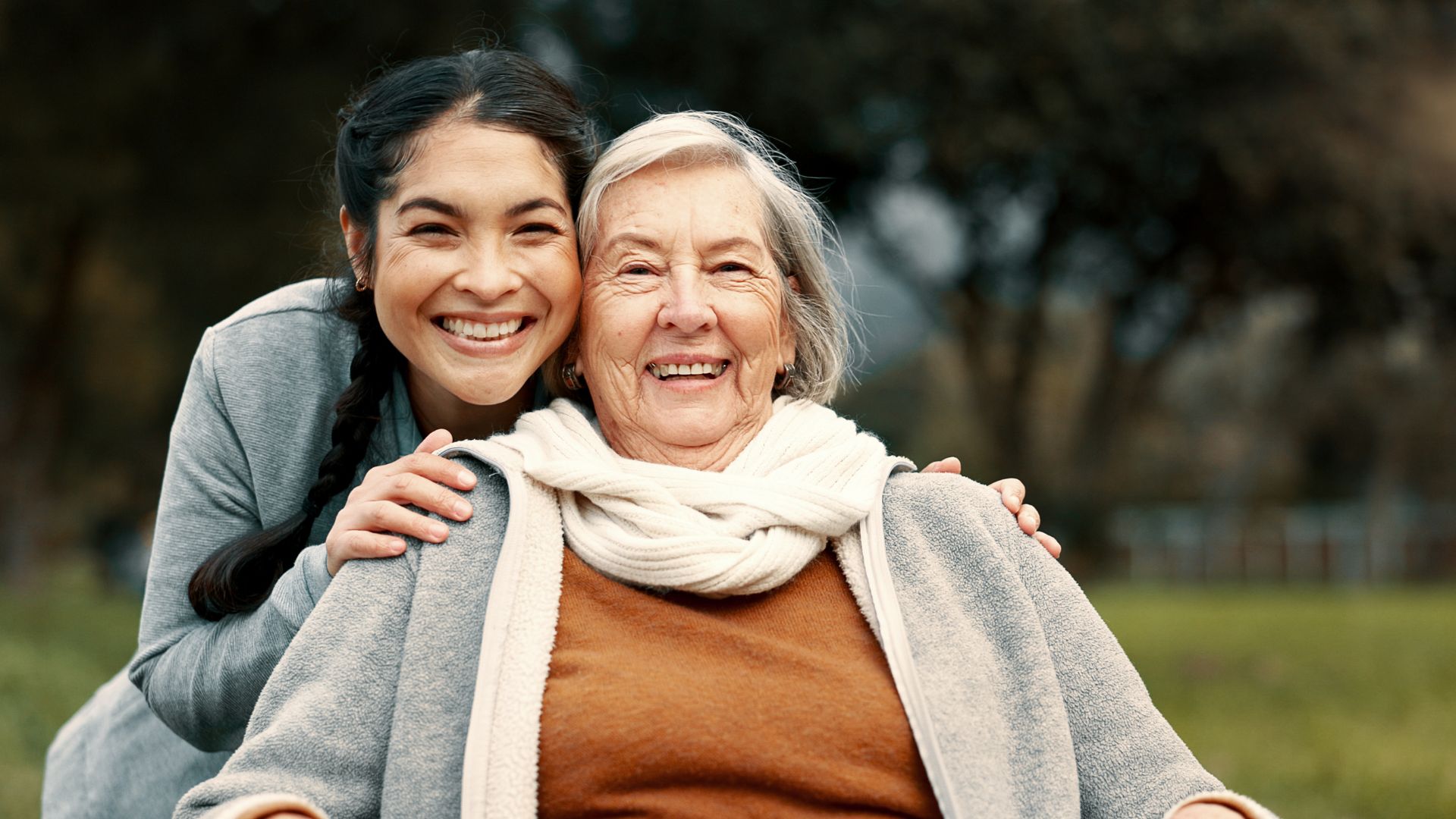 Caregiver smiling with senior woman receiving home care in Calipatria, CA